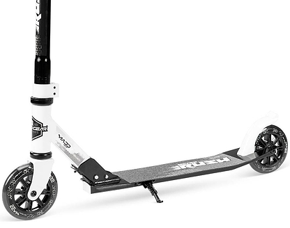The Madd Gear Metro Rush 125 Kids Foldable Scooter in white/black features an adjustable handlebar, two 125mm LED wheels, textured deck, kickstand, and fenders on both wheels; shown on a white background.