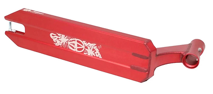 The Apex Pro Jett Williams Signature Red Stunt Scooter Deck (5" x 19.3") by Apex features a red metal build, white side graphics, an angular design, and a cutout at one end for wheel attachment.