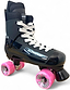 The Supreme Turbo 33 Nylon Quad Roller Skates in black feature white laces, silver branding, and four pink swirl wheels, shown against a plain white background.