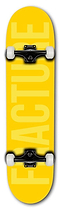 The Fracture Fade Series Yellow Complete Skateboard (7.75" x 31") by Fracture features a sturdy Canadian Maple deck with "FACTUAL" in light yellow, white Fracture 100A wheels, black trucks, and an entry-level design.
