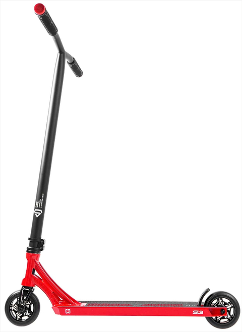 The CORE SL3 Complete Stunt Scooter by CORE features a sleek red and black design, long handlebar with black grips, two black wheels, and black grip tape on the deck—perfect as a lightweight pro scooter for tricks at the skatepark.