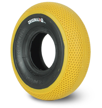 A yellow dog toy tire inspired by PRO Street 65PSI tyres on the Wildcat OG 3A Mini BMX Bike - Galaxy Gum, featuring a textured surface, black inner ring, and "ORIGINALE" and "Wildcat" molded into the rubber.