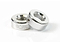 Two chrome Dare CNC Aluminium Scooter Bar Ends by Dare, featuring a round design engraved with "DARE SPORTS CO.," are displayed on a white surface—one standing upright, the other lying flat.