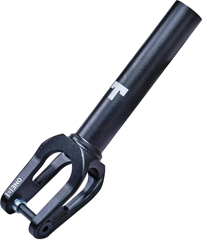 The Tilt Stage 1 SCS/HIC Stunt Scooter Fork - Black by Tilt is a lightweight T6 heat-treated 6000 series aluminium fork with a cylindrical tube, pronged base, visible branding, and bolt—ideal for upgrading your stunt scooter.