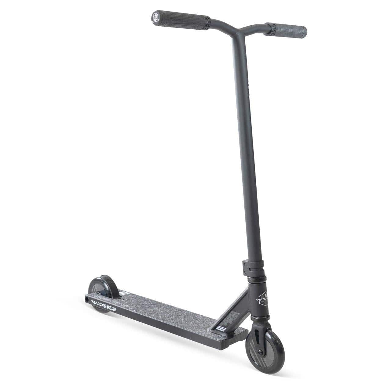 The Madd Gear MG 3 Zen Complete Stunt Scooter in Black/Black features a T-shaped handlebar, small wheels, and textured foot deck for durability and lightweight control, shown on a white background.