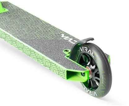Close-up of the rear end of the Madd Gear Viral Purge Complete Stunt Scooter - Jade, featuring a textured deck, black wheel with green "Viral" branding, and a black fender. Brand: Madd Gear (MGP).