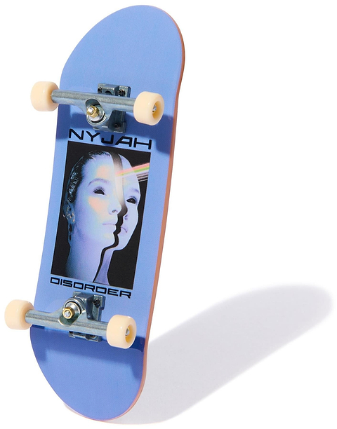 The Tech Deck 96mm M54 Fingerboard - Disorder by Tech Deck features a light blue deck with two faces, a rainbow streak, "NYJAH" at the top, "DISORDER" at the bottom, and cream wheels—ideal for skateboard and fingerboard fans.