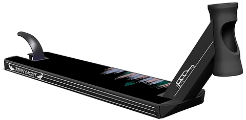 The Lucky Revin Cachat V1 Signature Stunt Scooter Deck (5" x 19.5") is a black 6061-T6 aluminium deck by Lucky, featuring white graphics of a rider and lines, an integrated headset tube, and a rear brake.