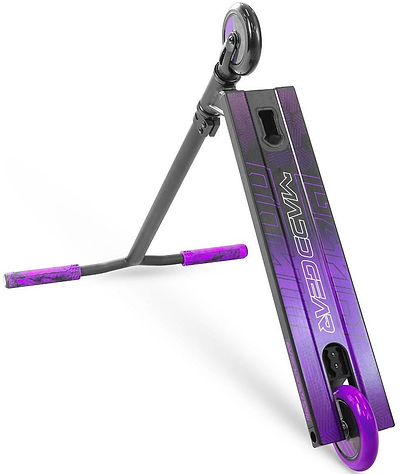 The Madd Gear MG 3 Zen Complete Stunt Scooter by MGP features a black and lavender design with "MADD GEAR" deck branding, purple wheels, and matching grips, shown on a white background.