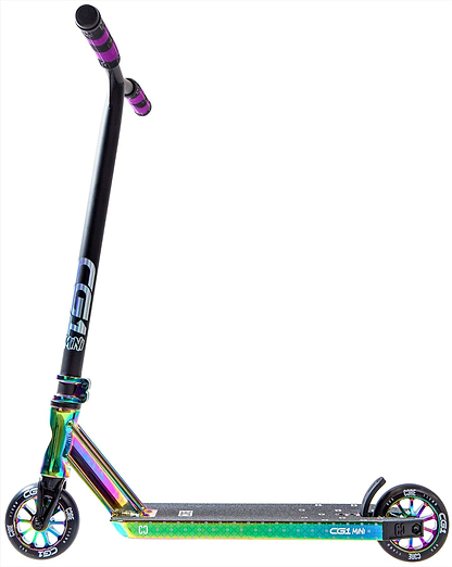 The CORE CG1 Mini Complete Stunt Scooter by CORE features a black grip handlebar, sturdy deck, metallic neochrome finish, and black wheels—perfect for beginners. Shown on a white background.