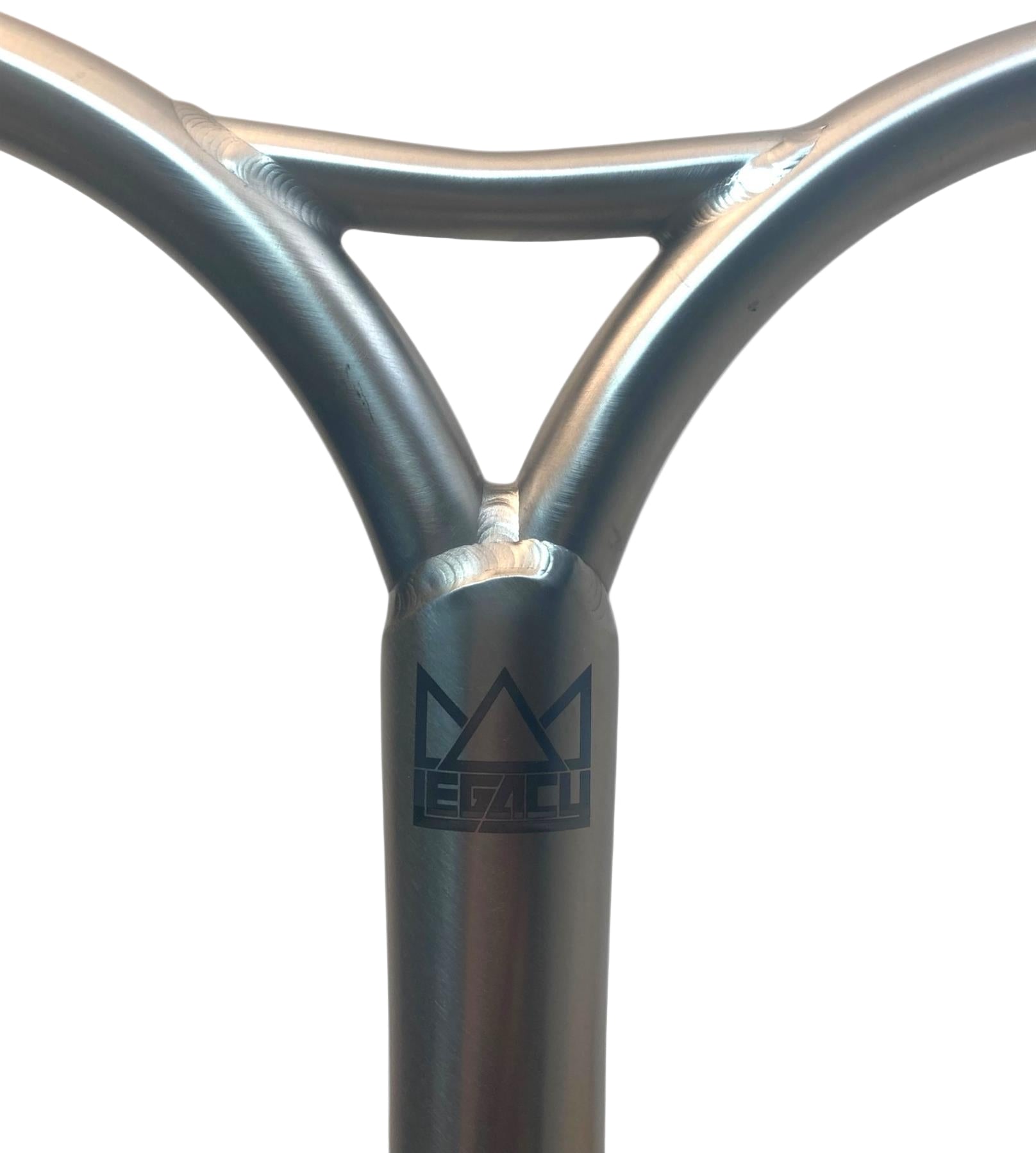 Close-up of Legacy Cut-Out Titanium Oversized HIC Stunt Scooter Y-Bars (660mm x 600mm, Chrome) with visible welds and black Legacy logo—lightweight and ideal for park riders—shown against a white background.