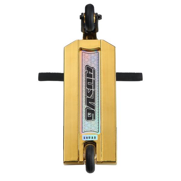 Top view of the Blunt Envy AOS V6 Finger Scooter - Gold, featuring black handlebars and wheels, a central holographic strip with "SUTRA" and geometric patterns, inspired by the signature AOS V6 design.
