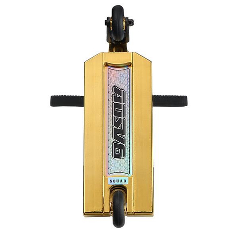 Top view of the Blunt Envy AOS V6 Finger Scooter - Gold, featuring black handlebars and wheels, a central holographic strip with "SUTRA" and geometric patterns, inspired by the signature AOS V6 design.