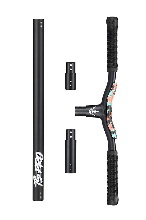 A set of disassembled Blunt Envy TS Pro 6 Indoor Trampoline Stunt Scooter handlebars featuring black grips, a teal camo design centerpiece, and two additional connectors. Ideal for crafting a personalized scooter bar, all components are arranged on a pristine white background.