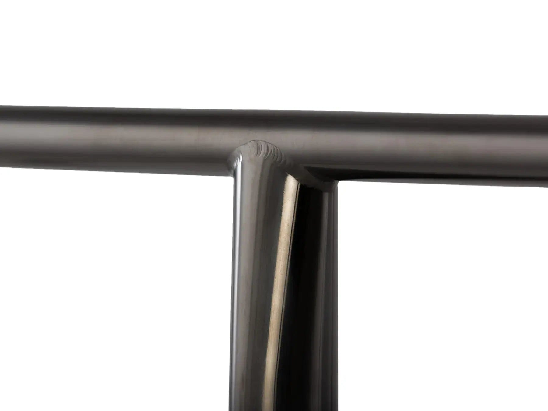 Close-up of the Lucky Obsidian Titanium Oversized SCS Stunt Scooter T-Bar, showcasing its modern metallic structure and smooth, polished finish that resembles titanium scooter bars. The T-bar spans both horizontally and vertically, highlighting a seamless connection. The background is plain white.