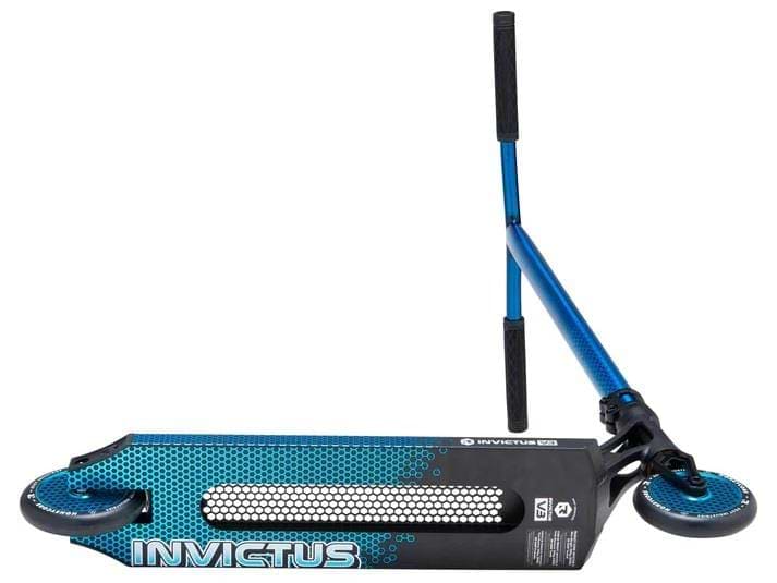 A Root Industries Invictus V3 Complete Stunt Scooter - Burnt Blue lies on its side, showing the honeycomb deck, two small wheels, and black handlebar grips.
