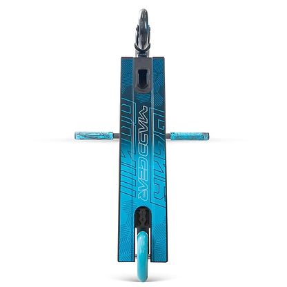 Top view of the Madd Gear MG 3 Zen Complete Stunt Scooter - Black / Blue by MGP, featuring turquoise handlebars and wheels, a durable one-piece steel T-bar handlebar, and the “Madd Gear” logo on the deck.