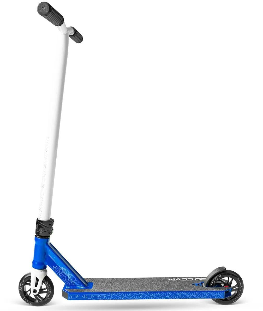 The Madd Gear Viral Purge Complete Stunt Scooter - Cobalt features a blue and white design, black handgrips and wheels, and a textured deck for grip—ideal for skatepark tricks. Shown in side view against a white background.