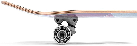 Side view of the Enuff Skully Hologram White Mini Complete Skateboard (7.25" x 29.5") highlighting its quality components: deck, graphic trucks, and skull-emblazoned "ENUFF" wheel. The deck is slightly tilted upwards against a white background.