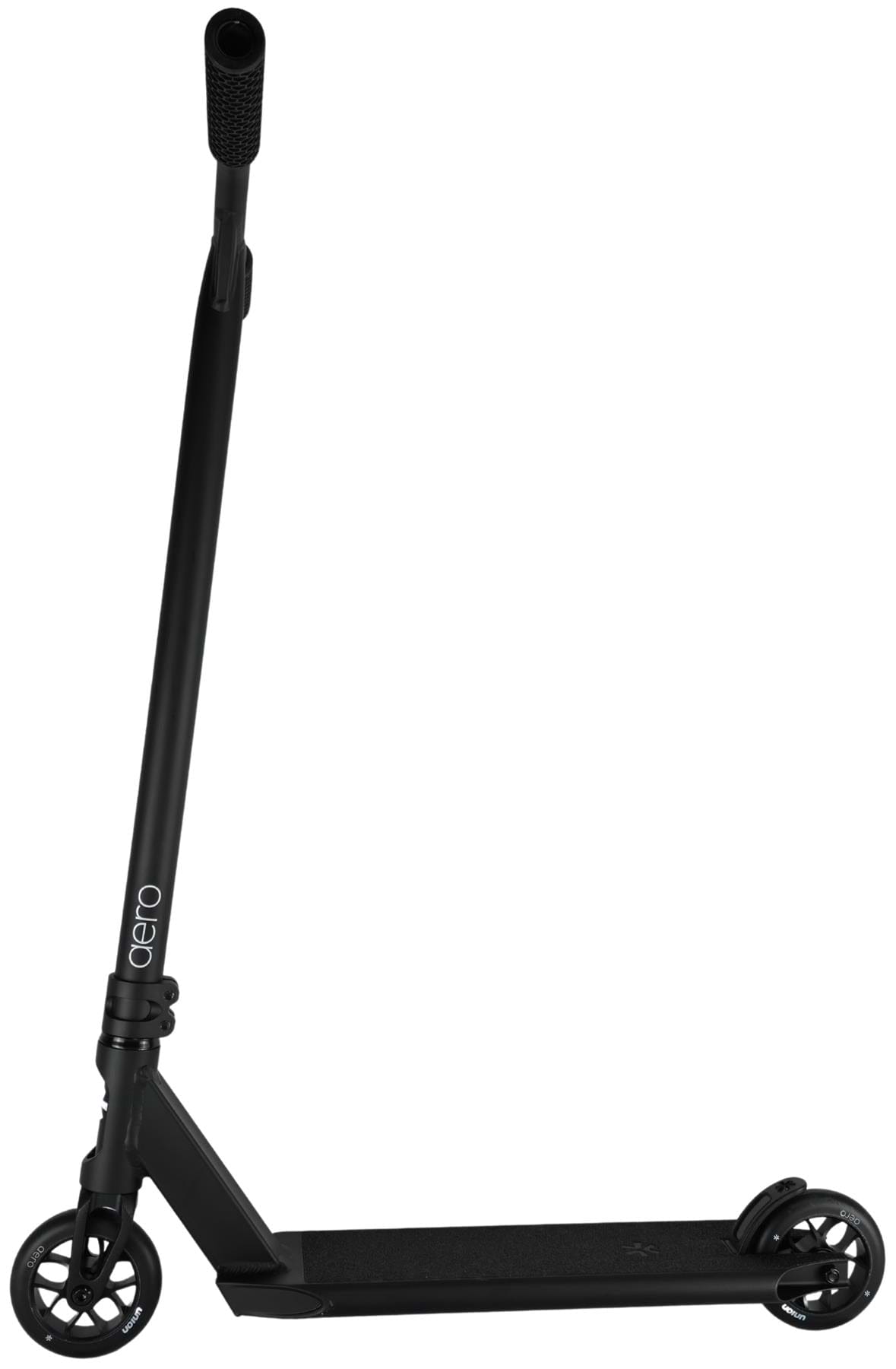 The Union Aero Complete Stunt Scooter - Black by Union features two wheels, a narrow handlebar, a sleek black frame, and "aero" printed near the base of the handlebar stem.