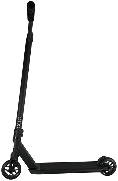 The Union Aero Complete Stunt Scooter - Black by Union features two wheels, a narrow handlebar, a sleek black frame, and "aero" printed near the base of the handlebar stem.