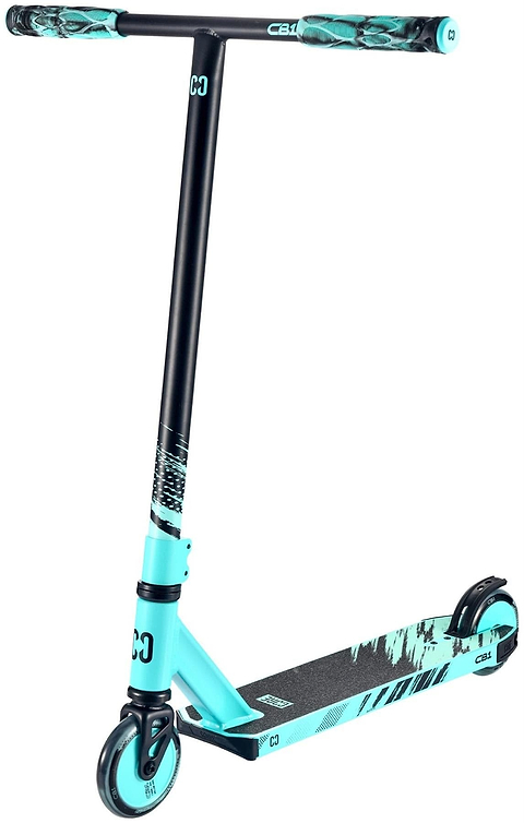 The CORE CB1 Beginner Complete Stunt Scooter by CORE comes in teal and black, featuring a sturdy T-bar handle, printed graphics, two small wheels, and a non-slip deck—ideal for beginners.