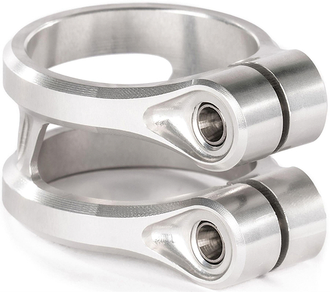Two stacked silver metal rings with bolt holes, likely for industrial use, resemble the Ethic DTC Sylphe V2 2 Bolt Oversized Stunt Scooter Clamp - Raw by Ethic, shown on a white background.