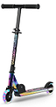 The Rampage Light Up Foldable Kick Scooter in Neochrome/Black features LED light-up wheels, adjustable bars, black handlebars, and the Rampage brand name on the upright stem.
