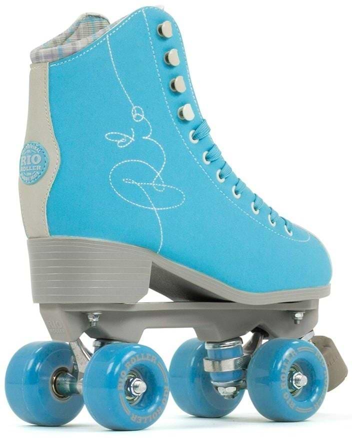 The Rio Roller Signature Quad Roller Skates - Blue, by Rio Roller, are vegan-friendly with a blue boot featuring white stitching and light blue laces, four translucent blue wheels, gray trim, and an elegant swirl design on the side.