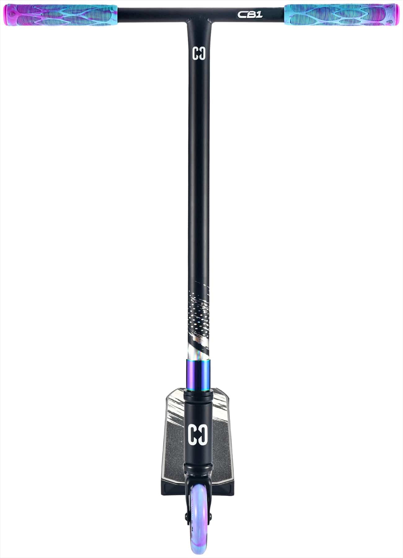 The CORE CB1 Beginner Complete Stunt Scooter in Black/Neochrome features blue and purple grips, a matching front wheel, and "CC" logos on the bar and deck—perfect for kids starting out with stunt scooting.