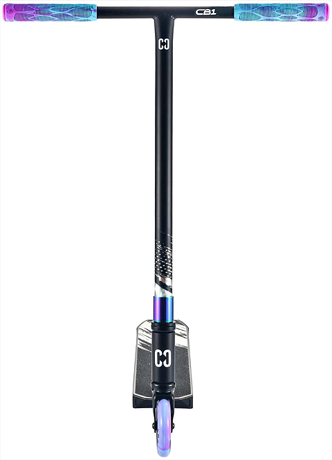 The CORE CB1 Beginner Complete Stunt Scooter in Black/Neochrome features blue and purple grips, a matching front wheel, and "CC" logos on the bar and deck—perfect for kids starting out with stunt scooting.
