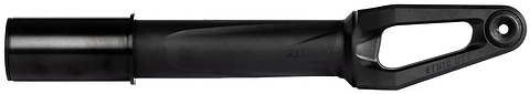 The Ethic DTC Merrow V3 8/12STD HIC Stunt Scooter Forks in black feature a sturdy metal build with a cylindrical base and open, angular end for front wheel and handlebar attachment.
