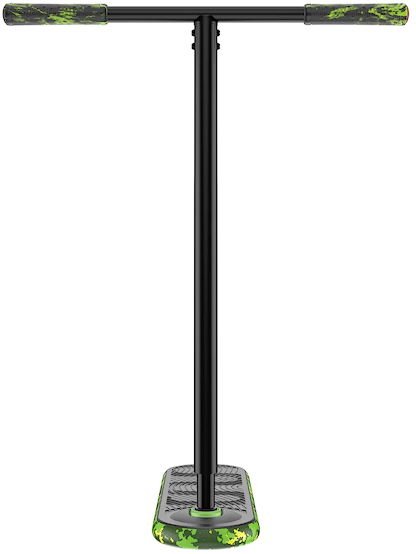 The INDO Pro V2 Indoor Trampoline Stunt Scooter - Green Mamba features black handlebars with green and black camo-patterned grips, attached to a matching camo pro-level deck, shown from the front on a white background.
