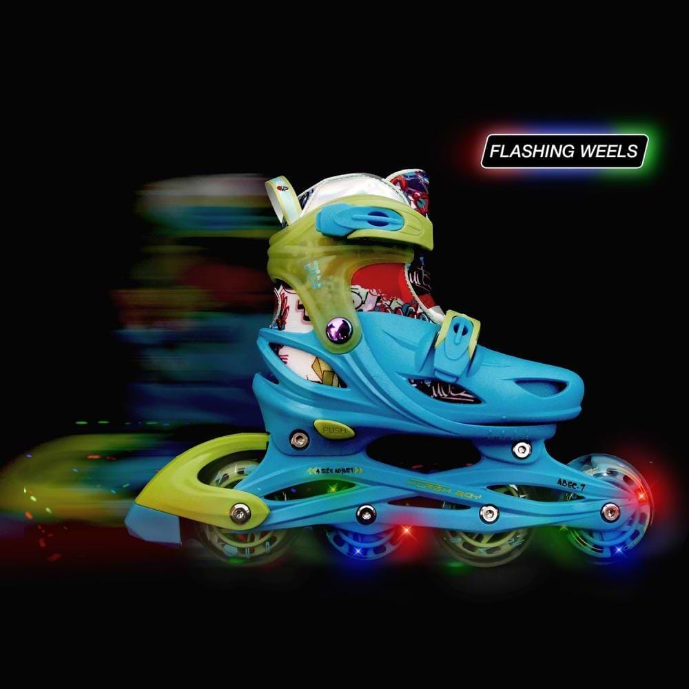 The Roces Ply Flash Adjustable Kids Inline Skates in blue and lime, featuring colorful flashing wheels, are displayed against a black background with motion blur. A glowing "FLASHING WHEELS" label appears in the corner.