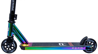 A close-up of the Longway Adam Complete Stunt Scooter - Black / Neochrome, perfect for younger riders, highlights its vibrant iridescent finish. It boasts black wheels and an aluminum grip deck with "Adam" printed on it. The front fork shines with a beautiful rainbow sheen.
