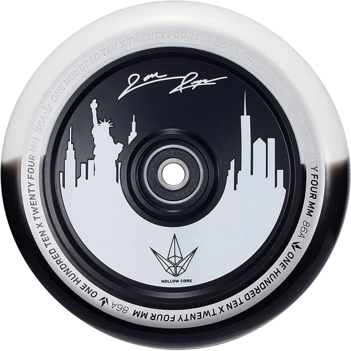 The Blunt Envy 110mm Jon Reyes Signature Hollow Core Stunt Scooter Wheel in black and white features an eye-catching skyline design, including the Statue of Liberty. It is adorned with Jon Reyes' signature and prominently displays "ONE HUNDRED TEN x TWENTY FOUR MM 86A" around the edge, reflecting the high quality of Blunt Envy Wheels.