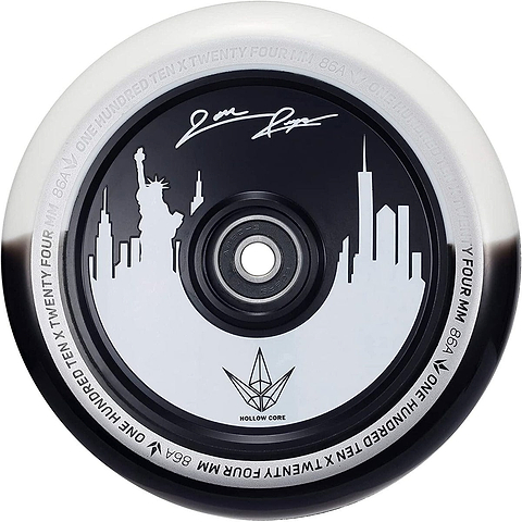 The Blunt Envy 110mm Jon Reyes Signature Hollow Core Stunt Scooter Wheel in black and white features an eye-catching skyline design, including the Statue of Liberty. It is adorned with Jon Reyes' signature and prominently displays "ONE HUNDRED TEN x TWENTY FOUR MM 86A" around the edge, reflecting the high quality of Blunt Envy Wheels.