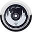 The Blunt Envy 110mm Jon Reyes Signature Hollow Core Stunt Scooter Wheel in black and white features an eye-catching skyline design, including the Statue of Liberty. It is adorned with Jon Reyes' signature and prominently displays "ONE HUNDRED TEN x TWENTY FOUR MM 86A" around the edge, reflecting the high quality of Blunt Envy Wheels.