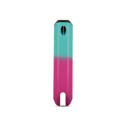 The Legacy Fade Complete Stunt Scooter by Legacy features a vertical design with teal on the top half and pink on the bottom, resembling a beginner scooter part. It has a slot at the base and a hole near the top, shown upright against a white background.