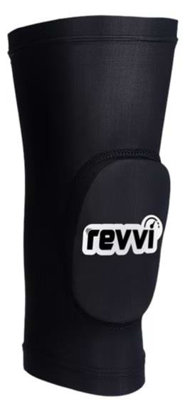 Revvi Kids Knee MTB Protection Pads - Black by Revvi feature a white logo, offer impact protection and joint support for sports, and are made from stretchy material for a comfortable, secure fit.