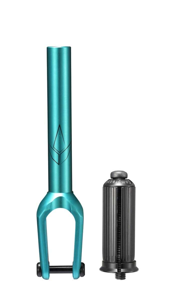 The Blunt Envy SOB V3 IHC Stunt Scooter Forks in a striking teal color display a minimalist logo alongside a sleek black cylindrical compression plug. Both components are elegantly presented on a plain white background, highlighting their sophisticated design and superior craftsmanship.