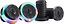 Colorful ear gauges with black tops showcasing a geometric design, ideal for fans of Blunt Envy, feature linings with a rainbow gradient. These are paired with black silicone tunnels set against a plain white background, reminiscent of the vibrant style found in Blunt Envy Halo Stunt Scooter Bar Ends - Oil Slick Neochrome.