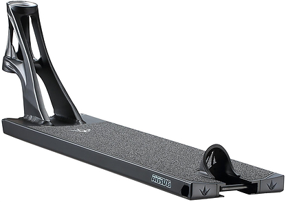 A close-up of the Blunt Envy AOS V6 Squad Black Stunt Scooter Deck (5.5" x 22") highlights its textured grip, sturdy headtube, and cutout design by the wheel mount.