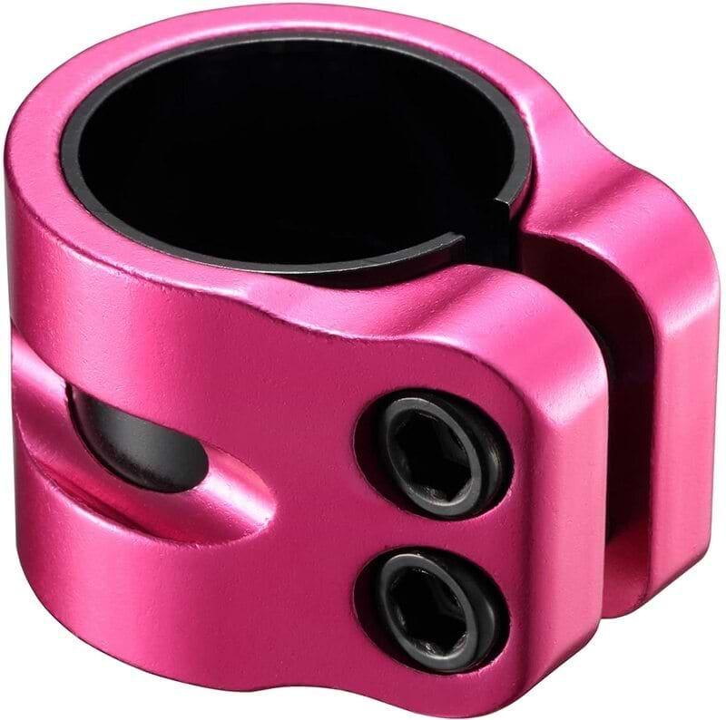 The Blunt Envy Twin Slit 2 Bolt Oversized Scooter Clamp in pink is constructed from aluminum and comes with black bolts, specifically designed for securing a scooter handlebar. This lightweight clamp features two vertical slots and boasts a smooth, glossy finish, making it perfect for enhancing your stunt scooter setup.