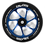Detailed view of the Slamm Team 110mm Stunt Scooter Wheel in blue, showcasing white text along the edge that reads "110mm BBA" and "Super High Density." The stylish design features an aluminium core and a high-rebound PU structure, presenting a glossy blue interior with a robust black rubber exterior.