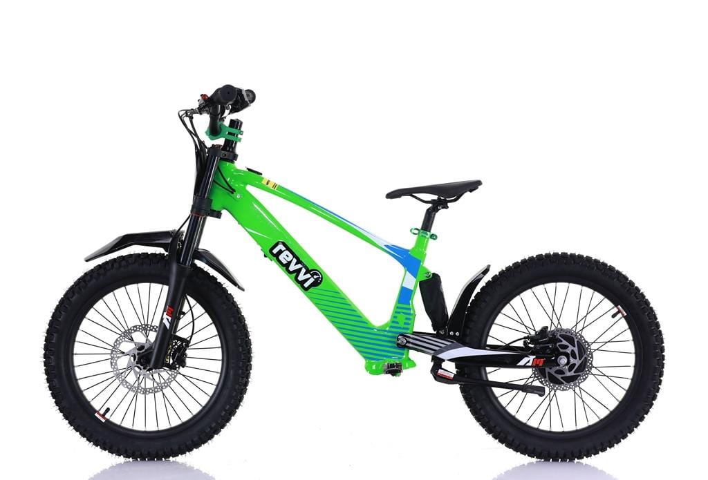 The Revvi 20" Kids Electric Balance Bike in lime green, ideal for adventurous off-road journeys, features wide tires and a modern frame. The brand "Revvi" is prominently displayed on the side. With adjustable speed settings, it's perfect for thrill-seekers seeking both excitement and control.
