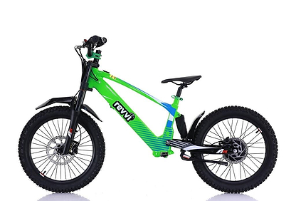 The Revvi 20" Kids Electric Balance Bike in lime green, ideal for adventurous off-road journeys, features wide tires and a modern frame. The brand "Revvi" is prominently displayed on the side. With adjustable speed settings, it's perfect for thrill-seekers seeking both excitement and control.