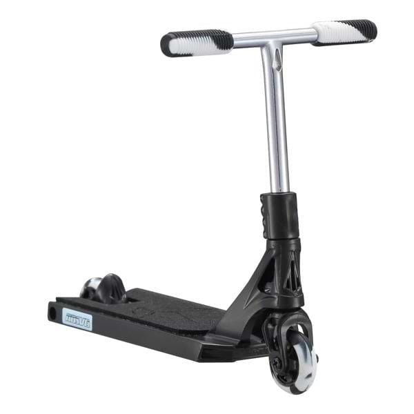 The Blunt Envy AOS V6 Finger Scooter - Black features a wide deck, two small wheels, and a straight handlebar with white grips. This miniature replica is black and silver and is angled slightly to the right.