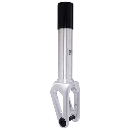 A sleek raw silver and black metal object, crafted from durable 6061-T6 aluminium, reminiscent of the UrbanArtt Anvil SCS/HIC Stunt Scooter Forks, designed for reliable compression.