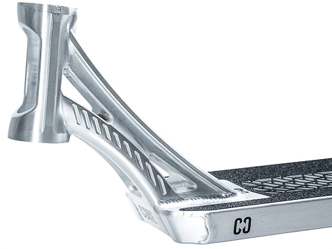 Close-up of a CORE SL3 Forged Polished Stunt Scooter Deck (5.25" x 19.3"/20.5") by CORE, featuring a reinforced neck, black grip tape, textured anti-slip surface, and a small side logo.